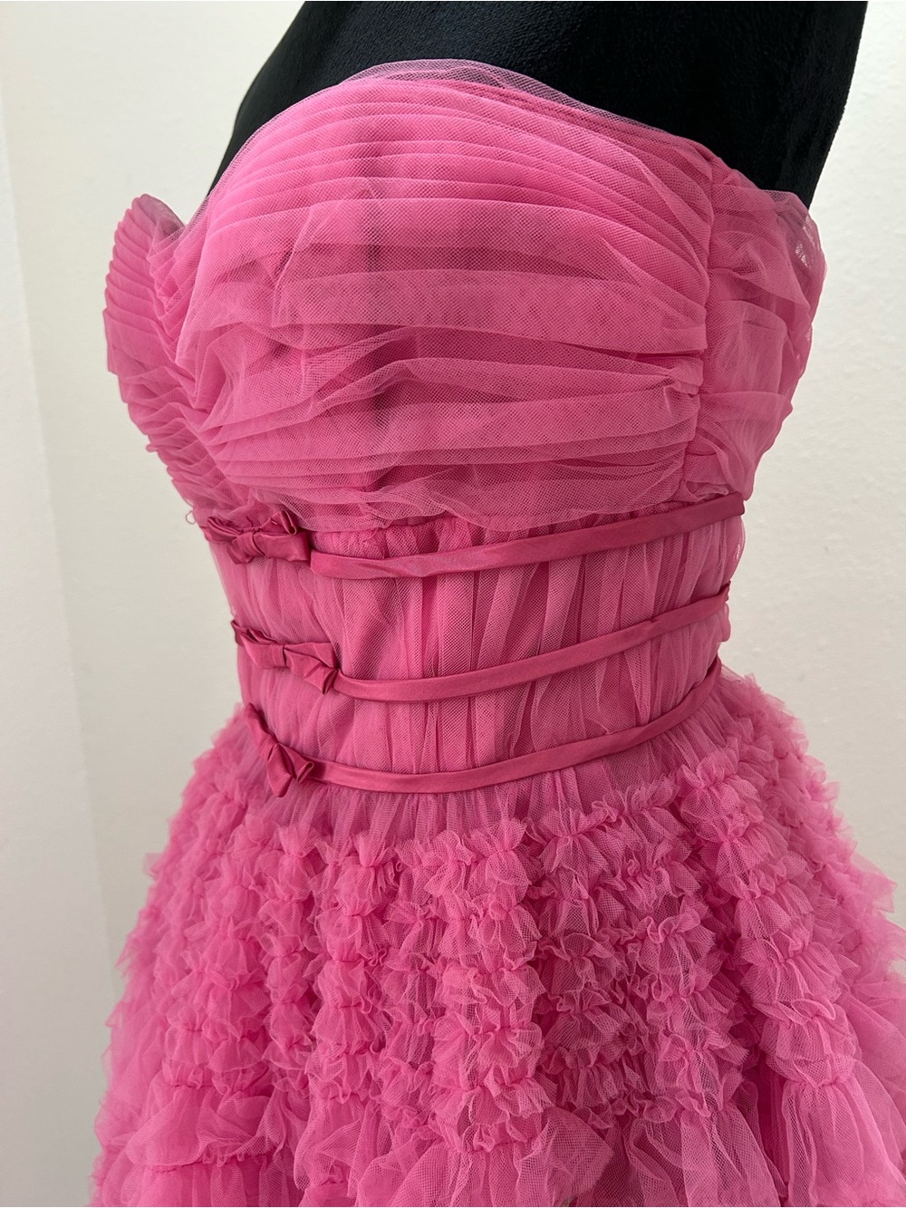 Clifton Wilhite Vintage 1960’s Pink Ruffled Tulle Strapless Midi Dress - Picture 5 of 11